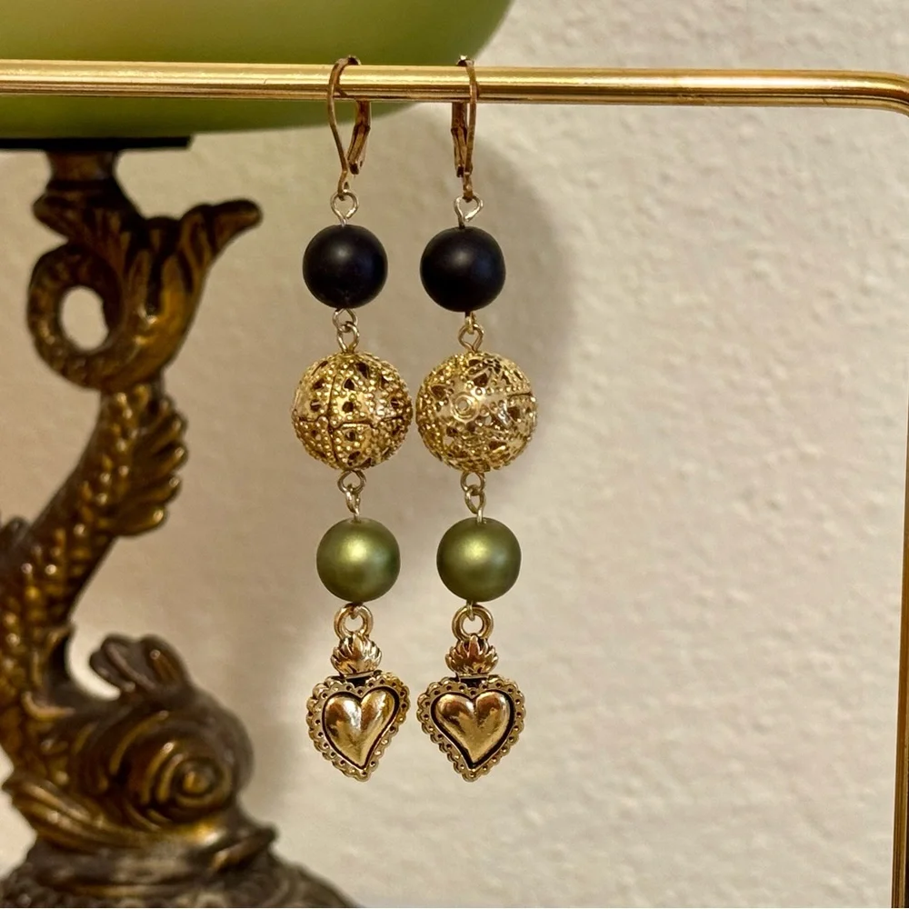 Olive Green, Black, and Sparkling Gold Filigree Spheres Drop Dangle Earrings